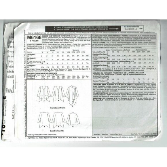 Sewing Pattern McCalls M6168 Misses Sizes 8-16 Cardigan Draped & Belted BOHO - Picture 2 of 2